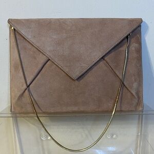 Lu Marian Made In Espain Elegant Tan Suede Clutch with Gold Chain